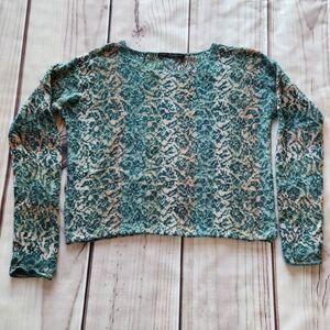Peruvian Connection Knit Sweater Pima Cotton Blue Teal Floral | Women's Size S